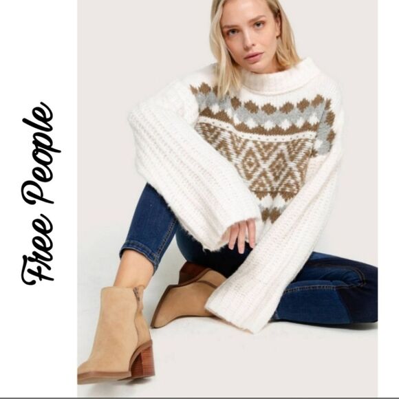 Free People Alpine Snowy Forest Cream Green Wool Blend Pullover Knit Sweater - Picture 14 of 14